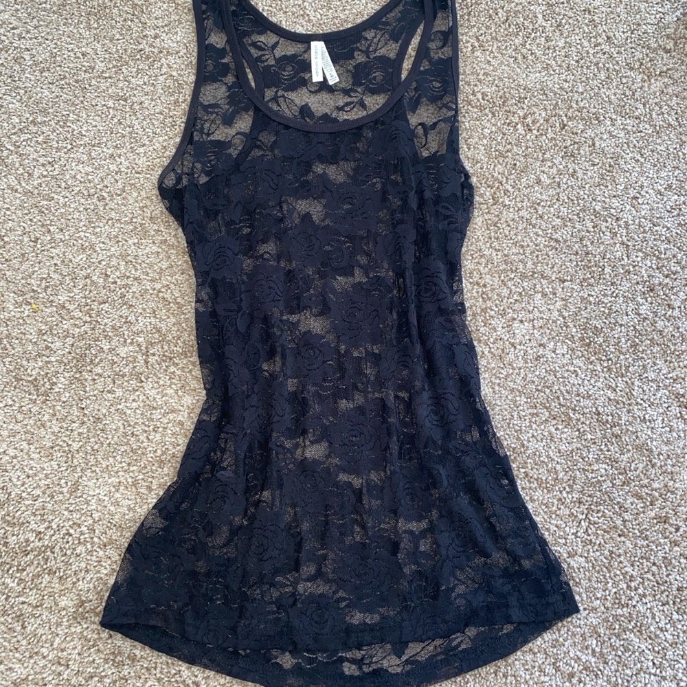 Color Story black sheer floral mesh halter back cami top size large